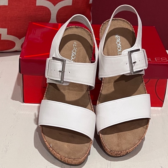 AEROSOLES White Comfy Sandals with Silver Buckle - Picture 1 of 9